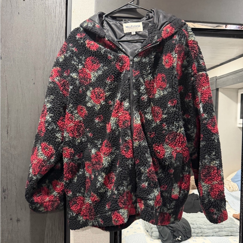 Wallflower Black Teddy Jacket with Red Floral Print